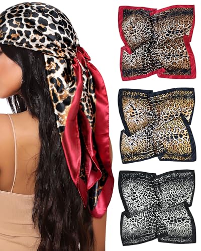 Mesovor 35” Square Head Scarf for Women, 3 Pack Like Silk Satin Headscarf Hair Neck Scarf Top Bandanas for Sleeping - color: Leopard(red/Black/Gold)