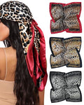 Mesovor 35” Square Head Scarf for Women, 3 Pack Like Silk Satin Headscarf Hair Neck Scarf Top Bandanas for Sleeping - color: Leopard(red/Black/Gold)