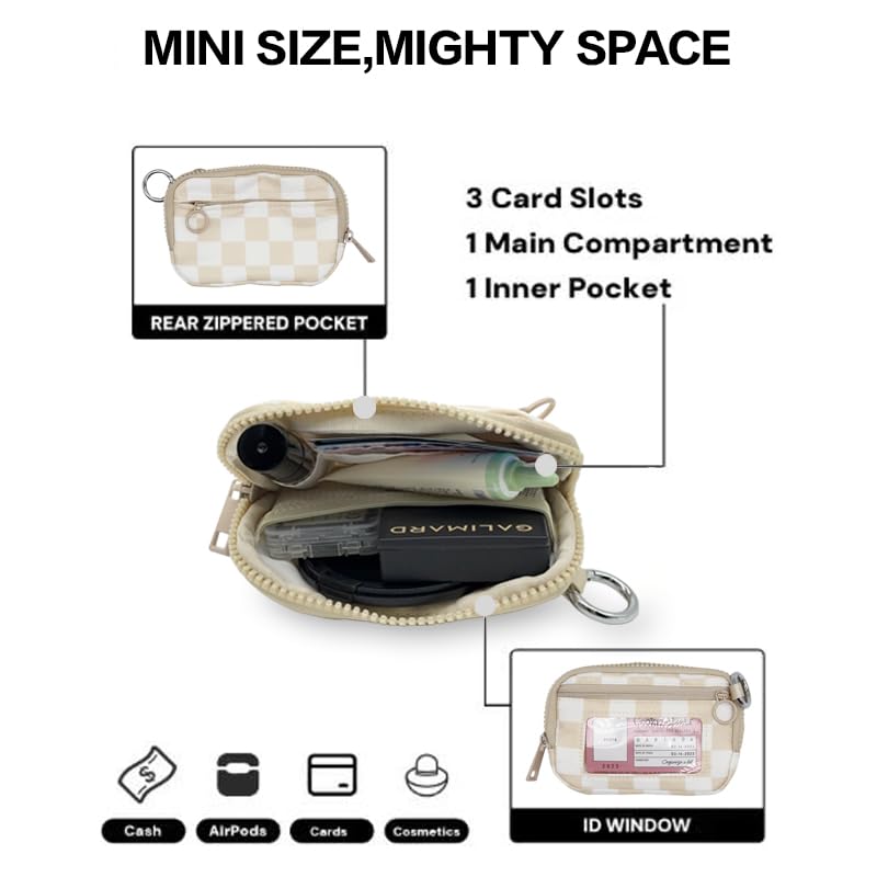 Wristlet Wallet for Women Mini Zip Card Case with Clear ID Window Zipper Coin Purse Lightweight Portable Keychain Wallet - color: Beige