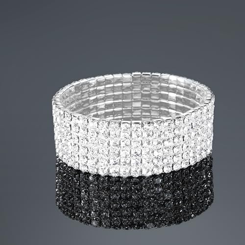 Zealmer Sparkle Multicolor Rhinestone Stackable Stretch Bracelets for Women - color: 6 Row Silver Bracelet
