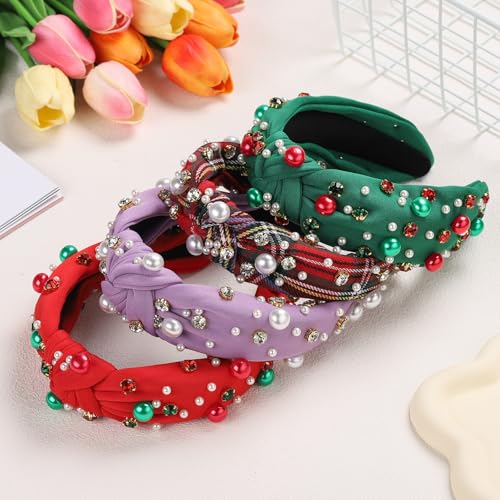 WantGor Pearl Knotted Headband, Women Rhinestone Embellished Hairband Elegant Wide Top Knot Bride Headbands Headpieces Party Fashion Elegant Ladies Hair Band Hair Hoop Accessories (Christmas Red) - color: Christmas Red