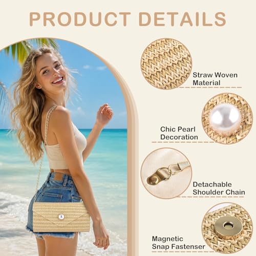 PACETAP Straw Clutch Purse for Women, Pearl Decoration Boho Crossbody Bags Handbags for Beach Travel Vacation Party Prom - color: Straw Primary Color