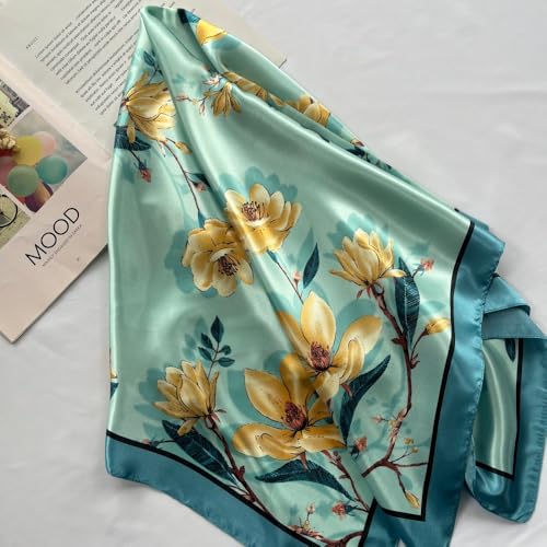 Julunar Silk Like Head Scarf for Women - Satin Large Hair Scarves - 35" Square Silk Hair Wrap for Sleeping with Gift Packed - color: A000-3 Flowers Green