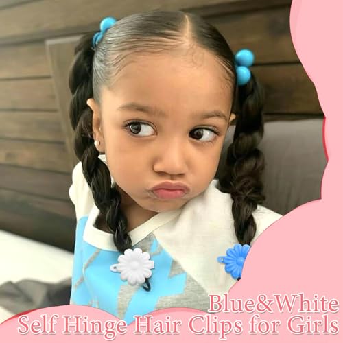60PCS Hair Beads Blue White Acrylic Pony Bead for Hair Dreadlock Flower Self Hinge Hair Barrettes Cute Braid Beads for Kids Girls 80s 90s Cartoon Plastic Clips Hair Decoration Accessories - color: Blue&White