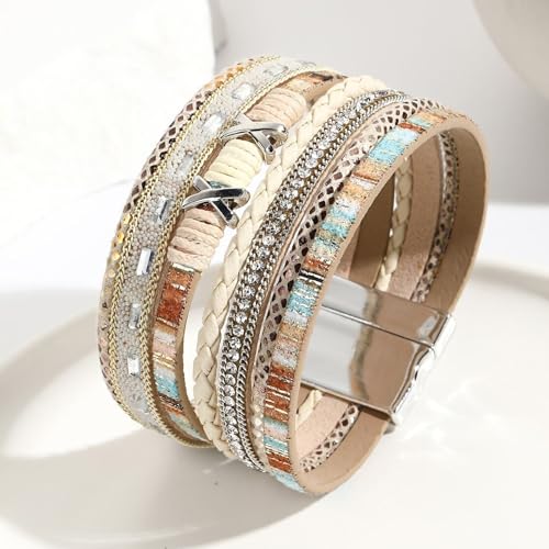 Fesciory Leopard Bracelet for Women, Boho Leather Wrap Multi-Layer Pearl Crystal Bracelet Bangle Jewelry - style: Bohemian