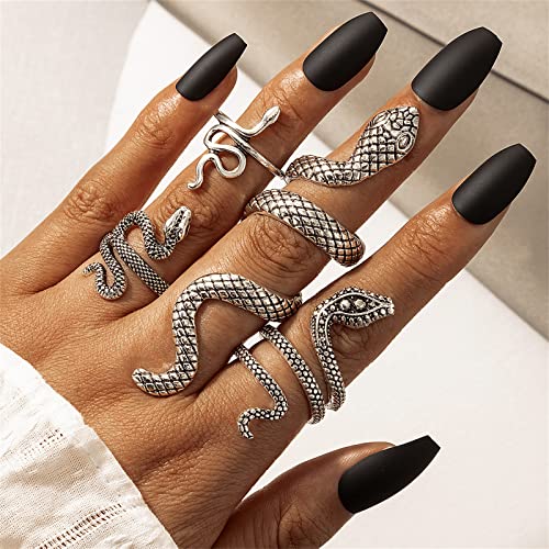 4Pcs Vintage Snake Knuckle Rings for Women,Retro Cool Snake Rings Boho Stackable Midi Cuff Rings Adjustable Animal Ring Set Fashion
