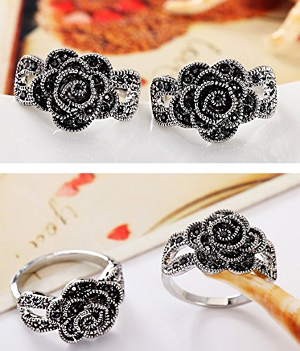 Women's Black Rings Vintage Rings Statement Rings for Women Band Marcasite Crystal Rings for Women - color: Siler3