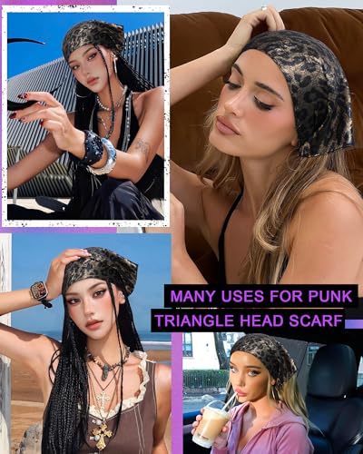 Punk Triangle Head Scarf with Metal Charms - Y2K Sparkly Bandana for Women | Vintage Neck Scarf for Festival Party Concert - color: Leopard Black and Gold