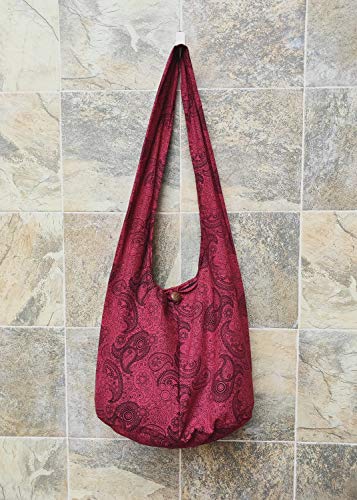 BTP! Thai Cotton Hippie Hobo Sling Crossbody Bag eco Friendly Shopping bag Paisley Print Large - color: Burgundy Pl14