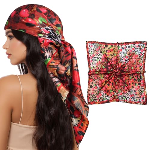 AWAYTR 35” Square Satin Head Scarf Hair Scarf for Women's Hair Silk Bandana for Women Silk Head Wrap for Sleeping - color: Leopard Print Red