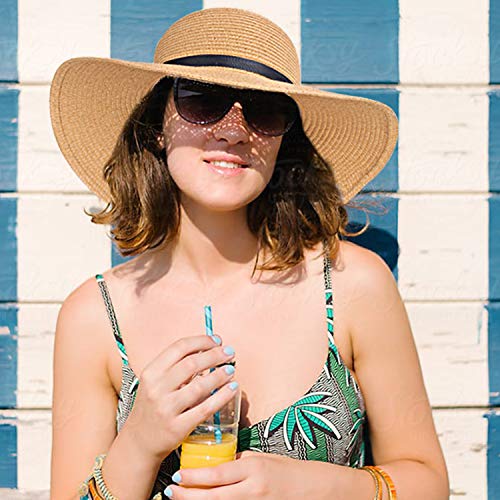 Double Couple Womens Straw Hat Wide Brim Floppy Beach Sun Hat for Women UPF 50+ Adjustable Strap Vacation - color: Hello Sunshine&khaki