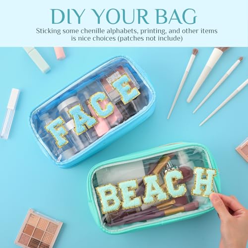 9 Pcs Preppy Clear Makeup Bag DIY Chenille Letter Pouch Large Nylon Makeup Bag Travel Toiletry Zipper Cosmetic Organizer Pouch PVC Bags for Women, 9.5 x 5.1 x 2.8 Inch(Blue Green) - color: Blue Green