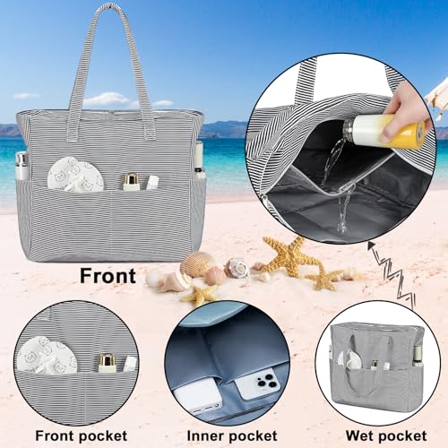 Bluboon Waterproof Beach Tote Pool Bags for Women Ladies Extra Large Carry On Bag With Wet Compartment for Weekender Travel - color: Black White Fine Stripes