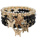 Bohemian Bracelet Sets for Women - 4-Pack Stackable Stretch Bead Bracelets with Black＆White Crystal & Gold Accessories, Multi-Layer Boho Jewelry - color: black butterfly