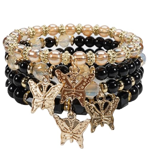 Bohemian Bracelet Sets for Women - 4-Pack Stackable Stretch Bead Bracelets with Black＆White Crystal & Gold Accessories, Multi-Layer Boho Jewelry - color: black butterfly