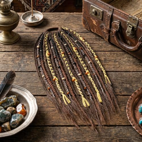 SEIKEA Boho Braided Ponytail Extension on Hair Tie, 16" Full Volume Lightweight Viking Dreadlock Ponytail Braid in Dreadlock Extensions with Beads and Shells, Festival Hair Accessories for Women Girls - color: Woodland Camo Olive Mix