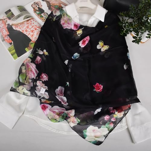 100% Mulberry Silk Women's Neck Silk Scarf-Lightweight Shawl,FLoral Print Beach Silk Wrap-Scarves for Photography - color: Black