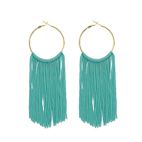 Boho Long Tassel Dangle Earrings for Women Lightweight Circle Hoop Silky Thread Fringe Drop Statemen Earrings - color: blue green