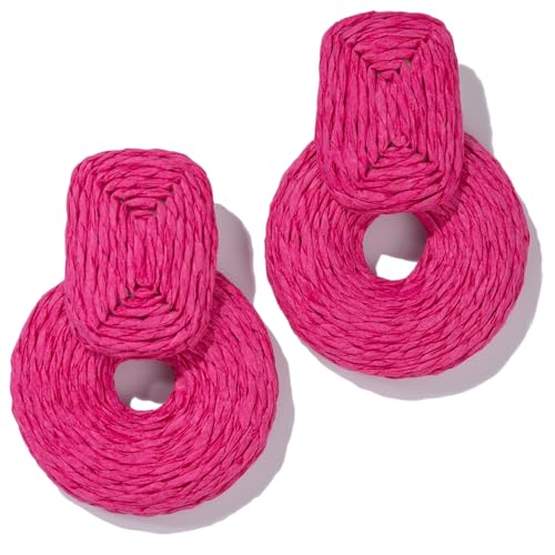 Statement Raffia Earrings Cute Boho Earrings Rattan Dangle Earrings Handmade Straw Wrap Earrings Summer Drop Dangling Earrings for Women Teen Girls - color: Rose