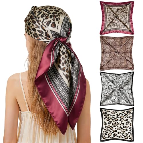 Ciormis 35" Silk Head Scarf for Women, 4 Pcs Satin Hair Scarf Square Silk Bandana Top Neck Scarves Hair Wraps for Sleeping - color: H2-fashion Animal Print-set29
