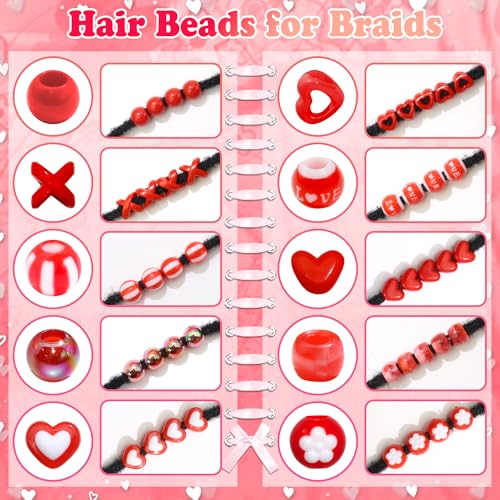 NAISKA 100PCS Red Valentines Hair Beads 10 Styles Loc Jewelry Heart Dreadlock Beads Cute Pony Bead Valentine's Day Braids Accessories for Kids Girls - color: Red