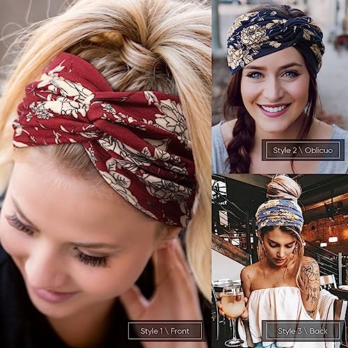 DRESHOW 6 Pack Extra Wide Headbands for Women Large Turban Headband Boho Head Wrap Elastic Hairbands Hair Twisted Knot Hair Accessories - color: 6 Pcs: Floral Color a