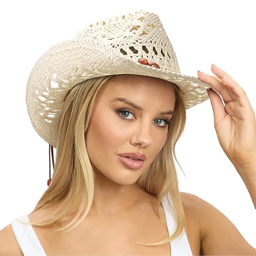 AQOKKA Straw Cowboy Hats for Women Men Western Cowgirl Hats with Shapeable Brim Woven Hollow Out Unisex Beach Roll Up Caps - color: Brown Beads Cowboy Hat : Ivory White