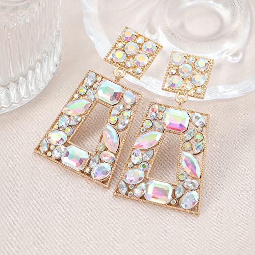Rhinestone Rectangle Statement Earrings Colorful Crystal Geometric Drop Dangle Earrings for Women Prom Party - color: ab