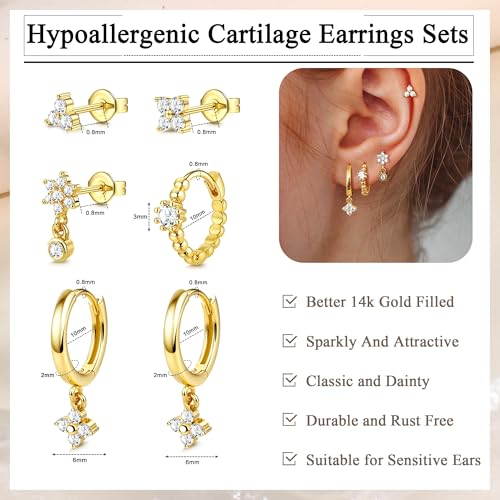 ZELORES 6PCS 14k Gold Plated Hoop Earrings Stacks for Women Trendy Small Chunky Huggie Earring CZ Cartilage Stud Earrings Hypoallergenic Dangle Chain Earrings for Multiple Piercing