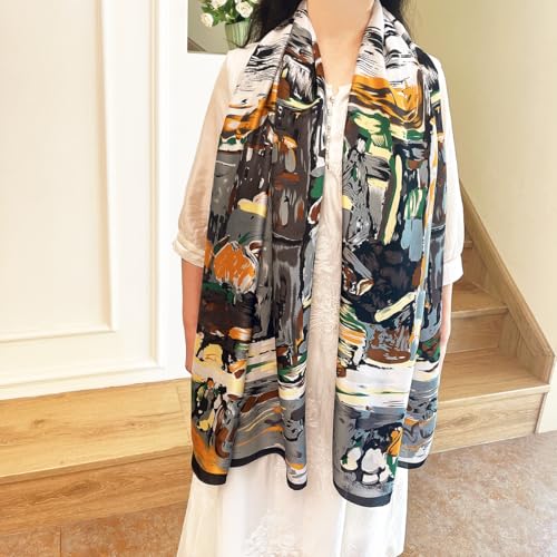 Long Silk Like Scarf Lightweight Satin Scarves Large Sunscreen Shawl Wrap for Women - color: 019.abstract Black