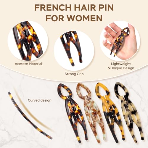 4PCS Prestige French Hair Pins for Women - 4.33 Inch Large Tortoise Shell Hair Pin, Acetate Curved Design for Updos Buns Chignons, Strong Hold Hair Styling Pins for Thick Thin Hair