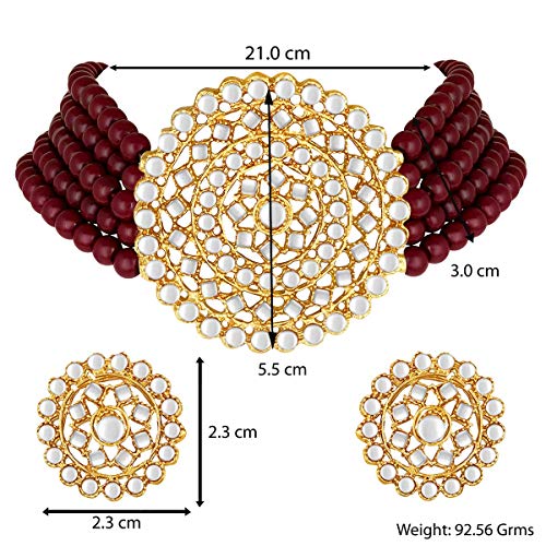 Aheli Pearl Diamond Choker Necklace & Round Earrings Gift for Women Indian Traditional Bollywood Fashion Bharatanatyam jewellery set - color: Maroon 3