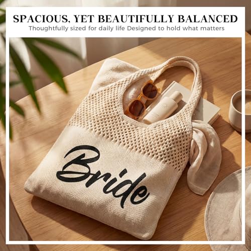 Shinylin Personalized Crochet Tote Bag for Beach Women Beige Mesh Knit Shoulder Bag Boho Aesthetic Tote for Women - style: Bride