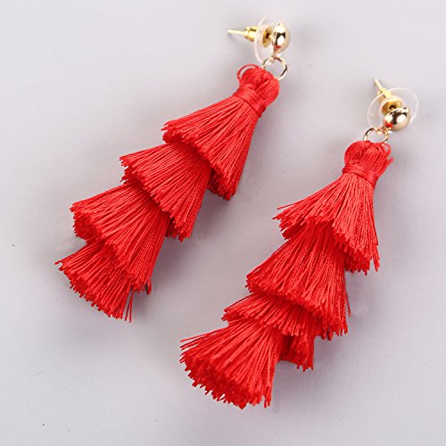 BaubleStar Tassel Earrings Handmade Tiered Thread Tassel Dangle Earrings, Multi Colors - color: Red