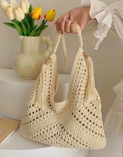 Boho Straw Bags for Women Large Woven Tote Bag Straw Beach Bag Shoulder Bags Purse Handbags Summer Straw Hobo Bag - color: Beige