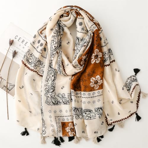 WaJuemy Travel Boho Scarf for Women Casual Lightweight Pashmina Scarves Fashion Multicolor Shawl Wraps with Fringed Beads - color: 33 Beige Boho
