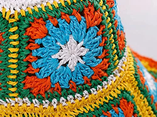 Women Straw Sun Hat Floral Woven Crochet Bucket Hat Y2k Aesthetic Accessories Beach Hat Hand Woven Boho Foldable Cap - color: Rose