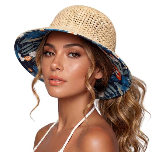 TOP-EX chicpony™ Cooling UPF 50+ Wide Brim Beach Hand Crochet Straw Hat - color: Natural Midnight Botanical, size: Large