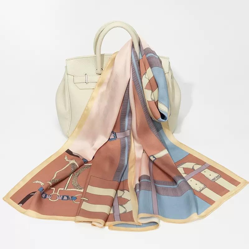 ANDANTINO 100% Silk Long Scarf-Women Large Oblong Shawls with Gift Packed - color: Belts-blue&brown