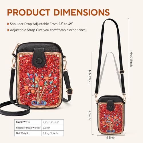 Women's Small Crossbody Cell Phone Bag, Boho Colorful Beaded Purse Wallet with Handmade Cute Patterns - color: Tree-red