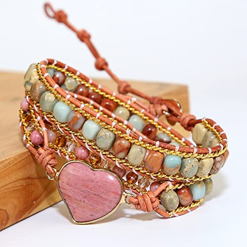 Women Wrap Bracelet Boho Natural Jasper Crystal Stone Beads Strand Bracelets - color: Rhodochrosite