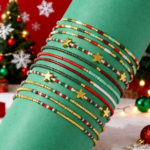 Dainty Gold Beaded Star Bracelets Stack for Women,Handmade Boho Colorful Beads Bracelet Fashion Prom Holiday Jewelry Gift Friendship Family - color: Christmas-3
