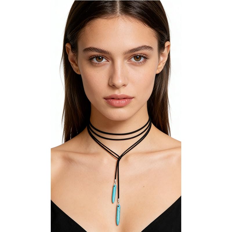 ONLYJUMP Boho Turquoise Leather Choker Necklace for Women Bohemian Handmade Leaf Layered Black Brown Suede Western Cowlady Necklace Western Country Party Jewelry Gifts - style: Black