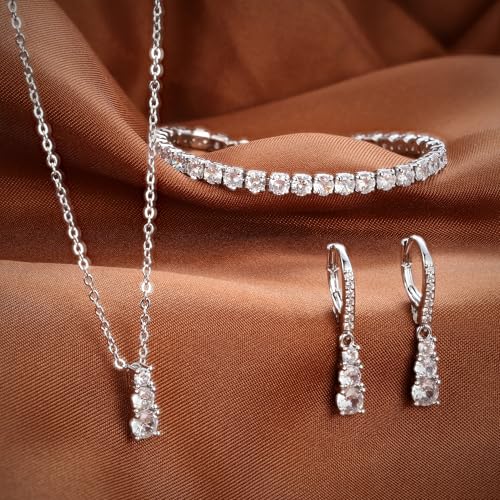 Crysdue Cubic Zirconia Jewelry Set for Women Bridesmaid, Classic Round Cut Drop Lightweight Lever Back Earrings Pendant Necklace Tennis Bracelet for Wedding Prom Party - style: 3pcs Silver