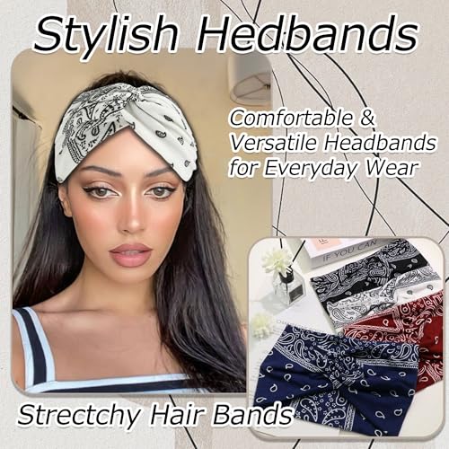 4 Pack Wide Headbands for Women Paisley Twist Hair Bands Stretchy Cross Head Turban Bandana Valentine's Day Non Slip Exercise Hair Wraps Accessories - color: Multicolor-2