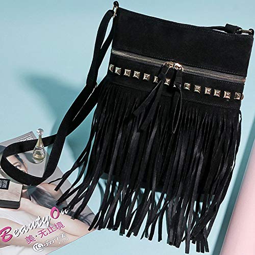 Hoce Women’s Leather Fringe Messenger Bag Large Hobo Crossbody Tassel Shoulder Bags, Gift for Mom Wife Girlfriend - color: E-black