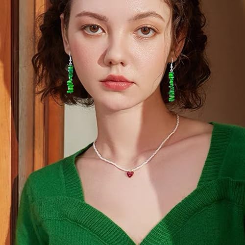 Handmade Bohemian Vintage Silver Nature Stone Beads Long Dangle Drop Earrings for Women - color: Bright Green