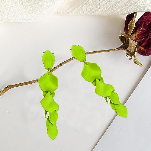Long Acrylic Rose Petal Earrings Dangle Exaggerated Flower Earrings Drop Statement Floral Tassel Earrings for Women - color: Neon Green