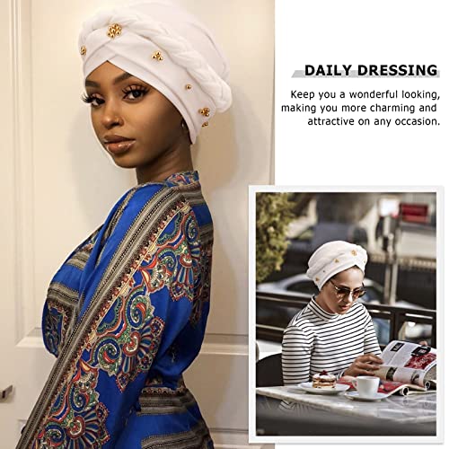 African Women Turban Caps Pre-Tied Twisted Turbans Head Scarf for Women Hair Wraps Cover Beanie Cancer Chemo Headwear - color: 1 Pack Twisted Braid: Gold Bead White