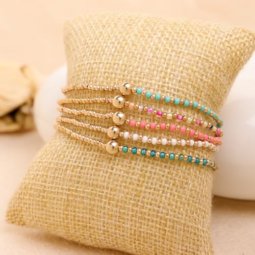 Gold Beaded Stackable Friendship Bracelets Set for Women, Handmade Boho Stretch Summer Jewelry Gift. - color: gold white green pink